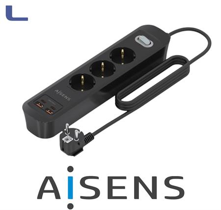presa multipla 3 posti schuko 2type-c 2usb-a nera aisens *572